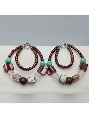 Boho Beaded Double Hoop Dangle Earrings Handcrafted Turquoise & Brown Artisan